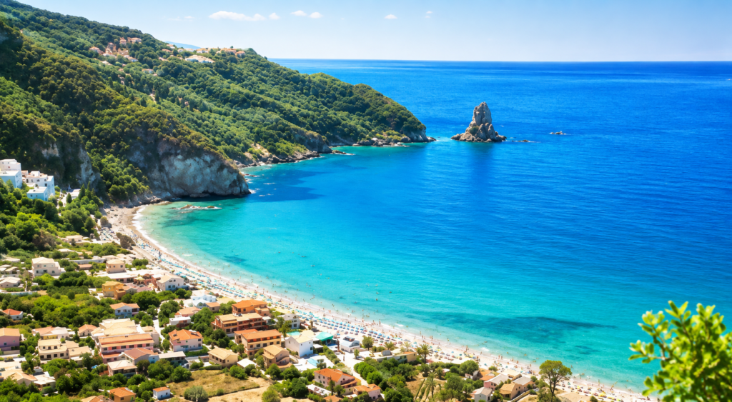 Panoramic view of a scenic bay in southern Corfu with turquoise waters, a sandy beach and lush green hills