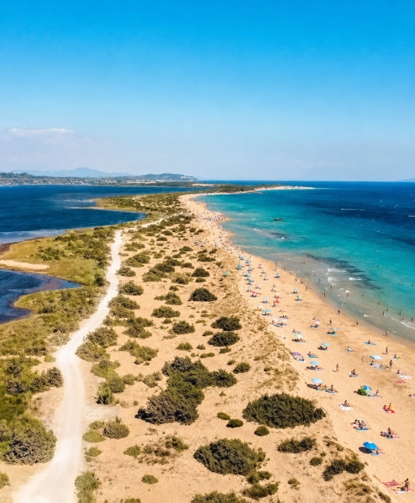Aerial view of Halikounas Beach in southern Corfu with turquoise sea, sandy dunes and beachgoers
