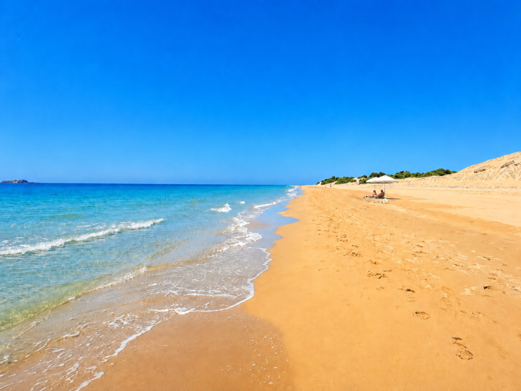 Sunny sandy beach in southern Corfu with turquoise waters, gentle waves, a beach umbrella and people relaxing on the shore