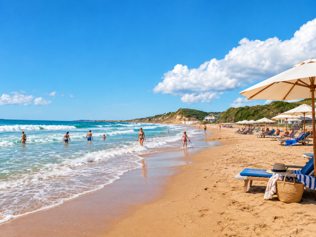 Santa Barbara Beach in southern Corfu with golden sand, turquoise waves, sunbeds and beachgoers