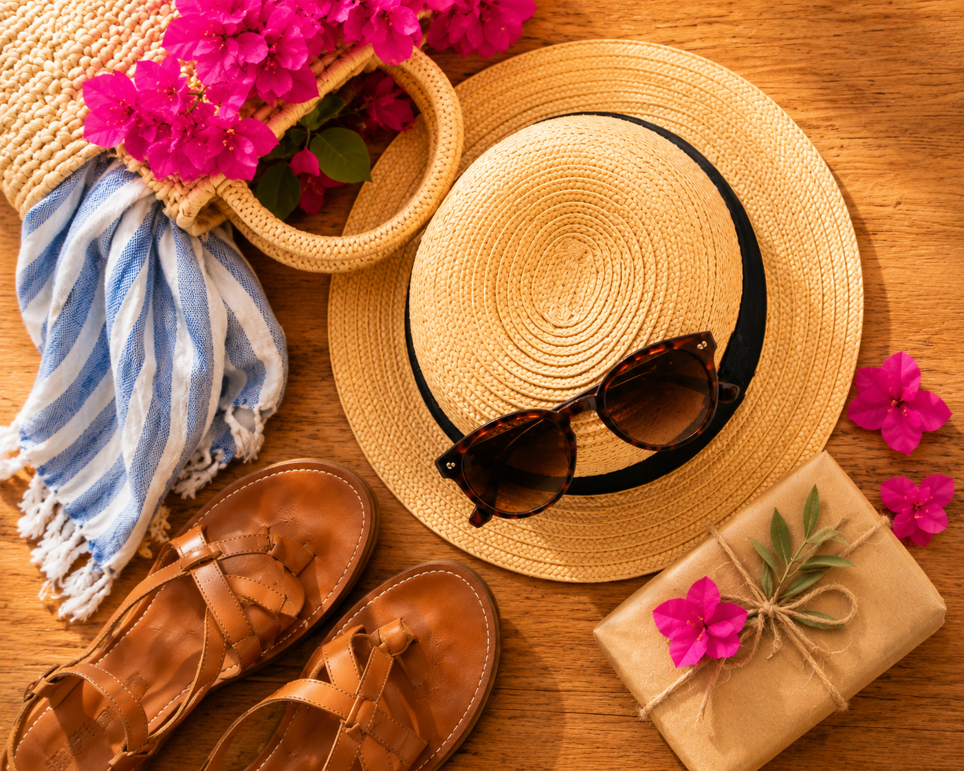 Shopping in Corfu with leather sandals, straw hat, sunglasses, flowers and wrapped souvenirs