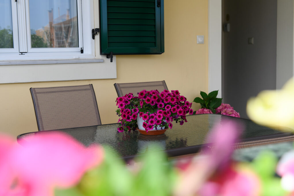 Flower-filled terrace at Nostalgia Corfu Town Apartments with outdoor table and seating