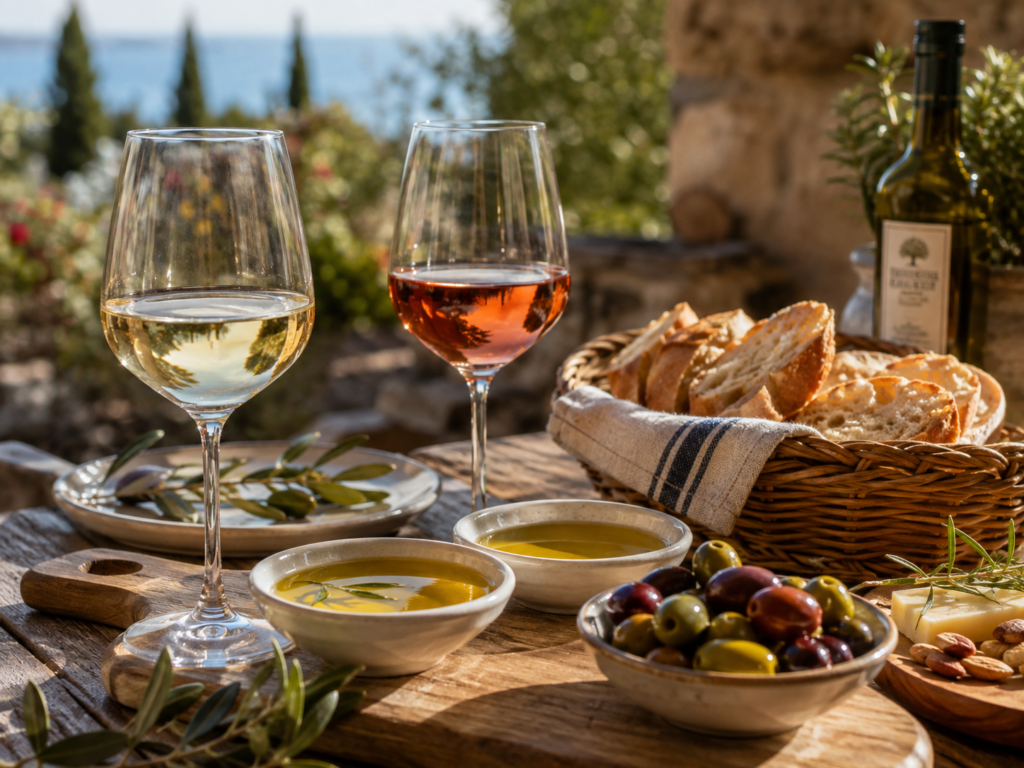 Wine and olive oil tasting in Corfu with white and rosé wine, olives, bread and local olive oil
