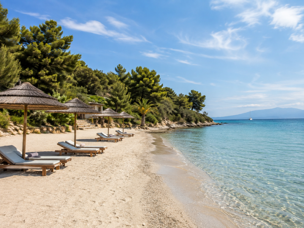 Peaceful sandy beach in Corfu with green trees, sunbeds and straw umbrellas by the clear blue sea