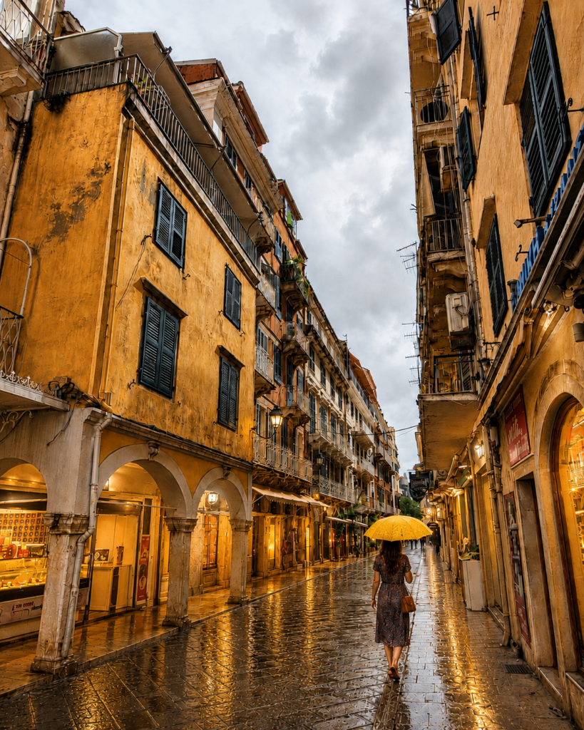 Woman walking in Corfu Old Town with a yellow umbrella on a rainy day