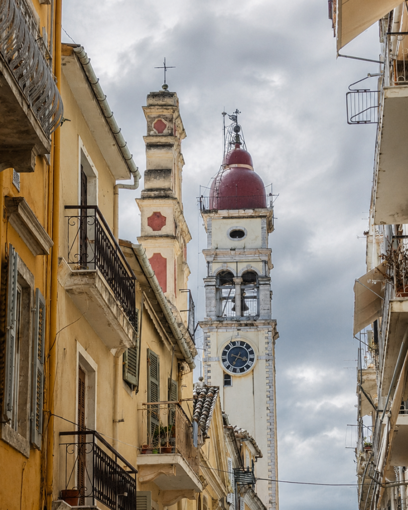Saint Spyridon bell tower in Corfu Town on a cloudy day
