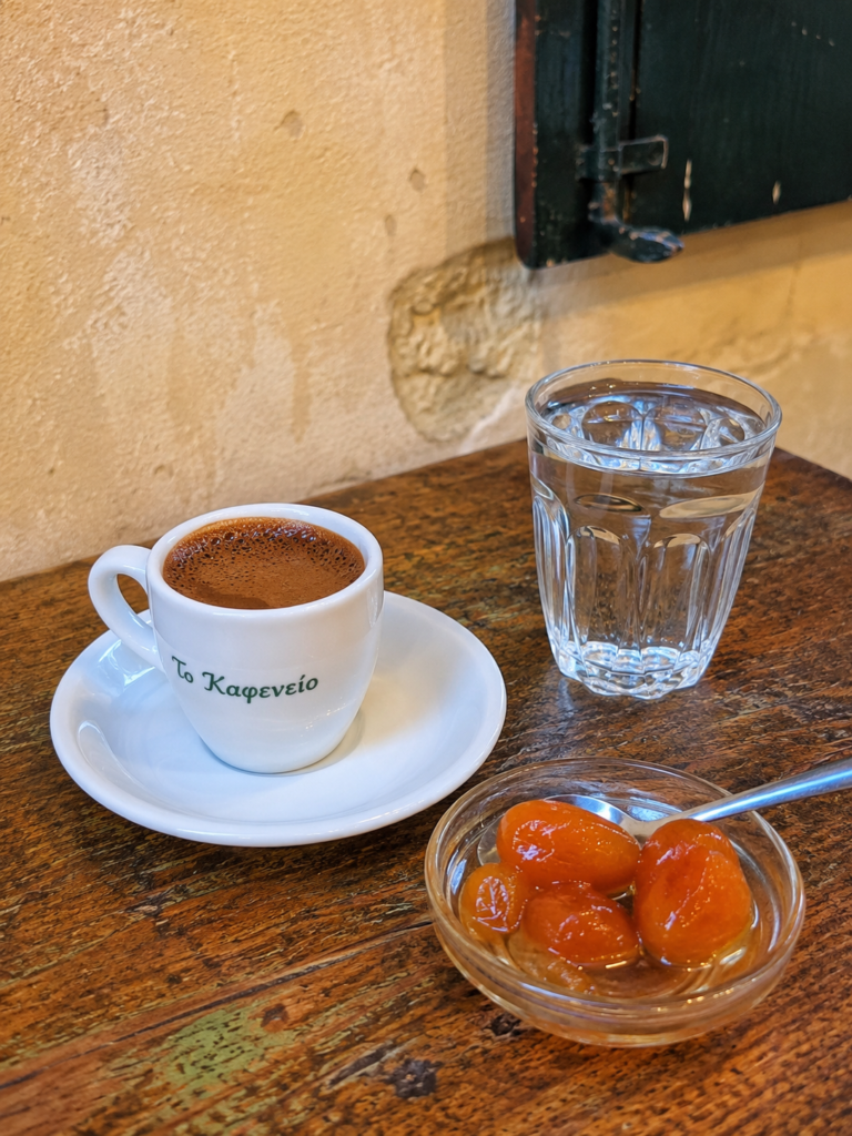 Greek coffee and spoone sweet in Corfu town Cafe