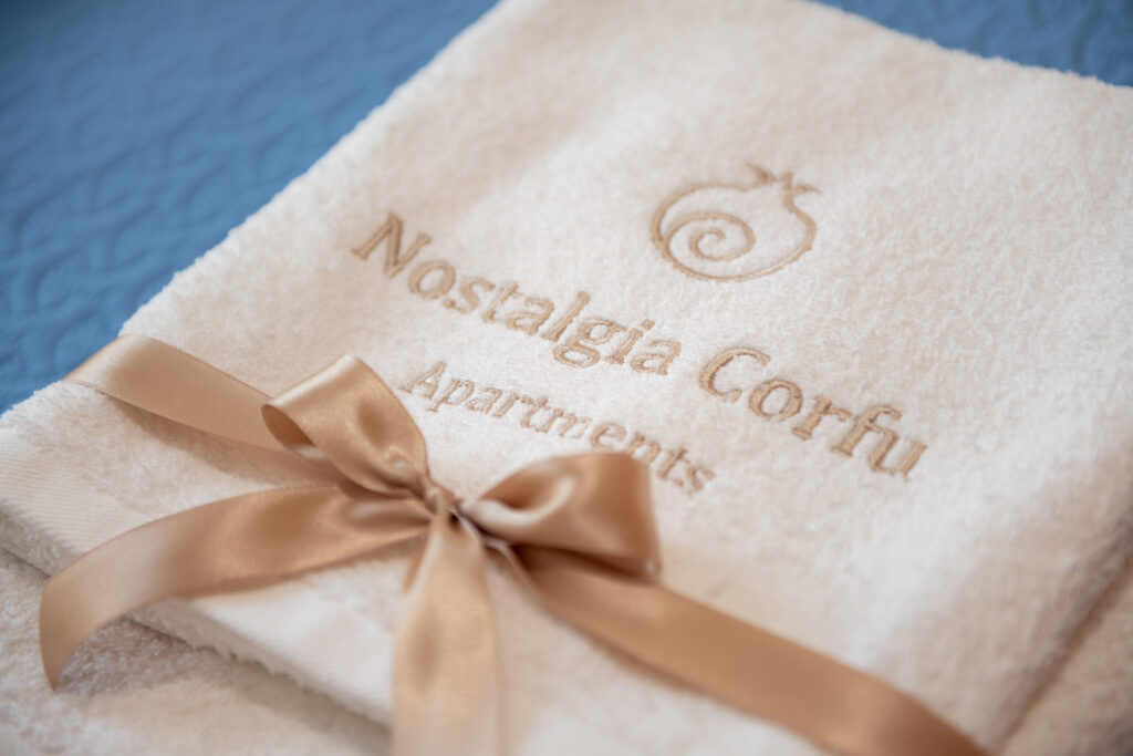 Embroidered towels at Nostalgia Corfu Town Apartments