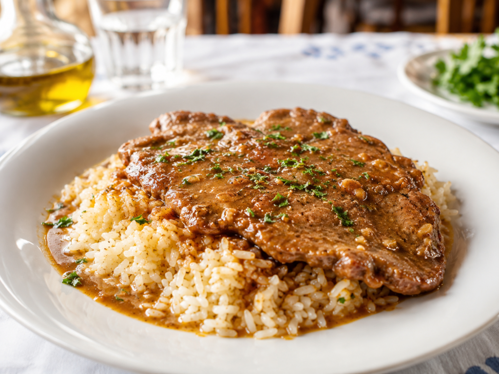 Plate of traditional Corfiot sofrito served with rice