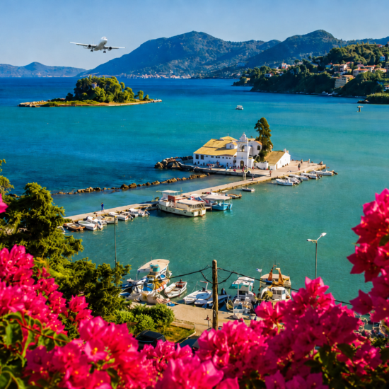 Spring view of Kanoni in Corfu with Vlacherna Monastery, Mouse Island, pink bougainvillea flowers and an airplane in the sky.