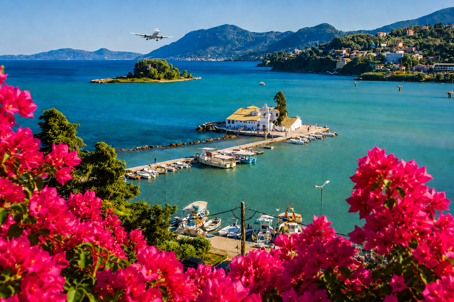 Spring view of Kanoni in Corfu with Vlacherna Monastery, Mouse Island, pink bougainvillea flowers and an airplane in the sky.