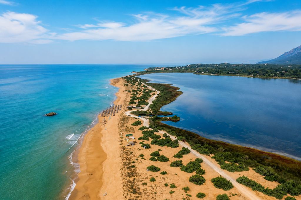 Aerial view of Issos Beach and the coastal landscape of southern Corfu
