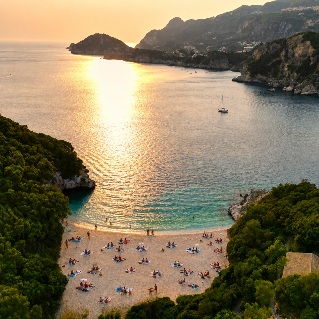 Rovinia Beach in Corfu surrounded by green hills